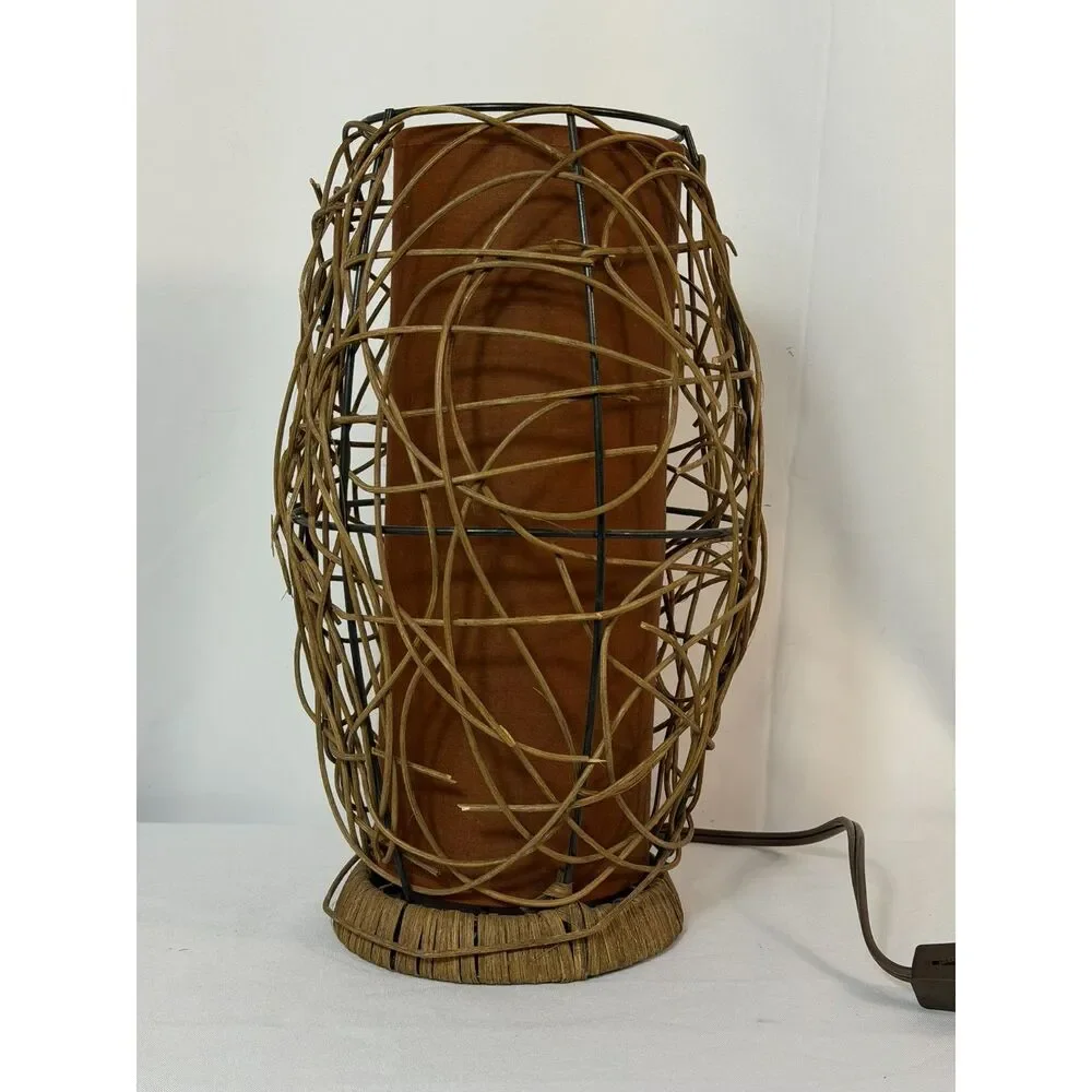 VTG Mid Century Noguchi Like Table Lamp Bamboo Ambient Hurricane Wood Boho WORKS
